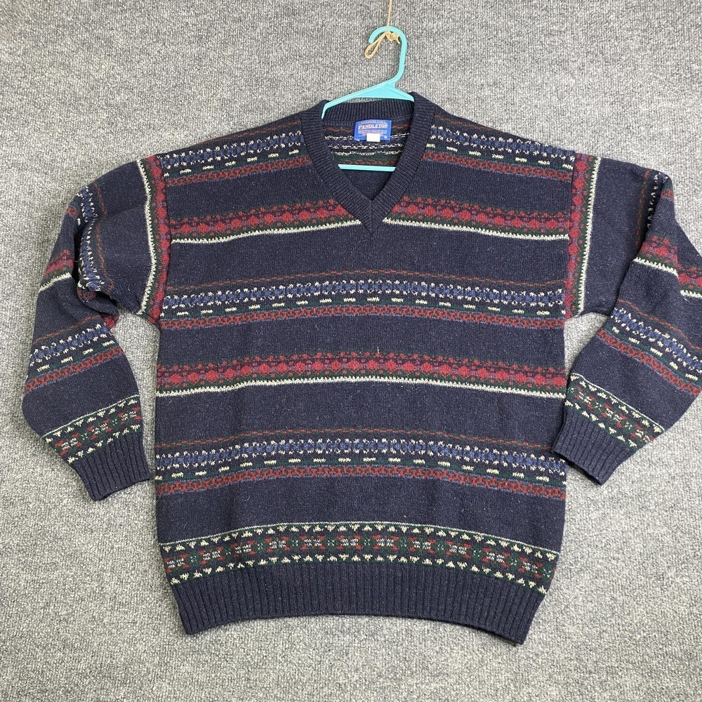 Pendleton Sweater Mens Large Blue Wool Nylon V Neck Fair Isle Knit Pullover USA